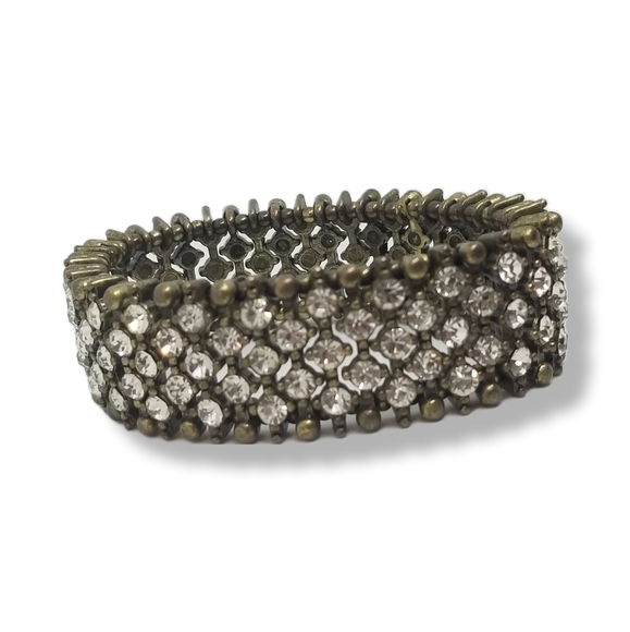 VINTAGE ANTIQUED BRASS & WHITE RHINESTONE MESH DESIGN STRETCH BRACELET - Picture 7 of 7